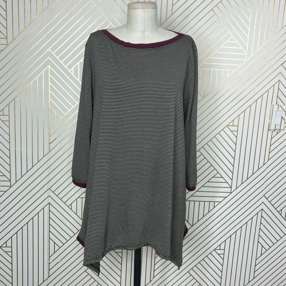 Alembika Tunic Top Blouse 3/4‎ Sleeve Striped Pullover Black Tan Size 2 US 8 10
